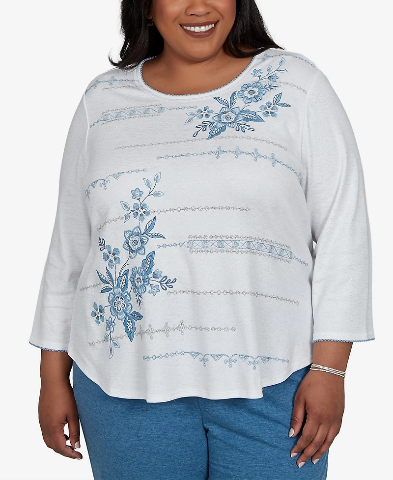 Alfred Dunner Plus Floral-Print 3/4-Sleeve Cotton-Blend T-Shirt
