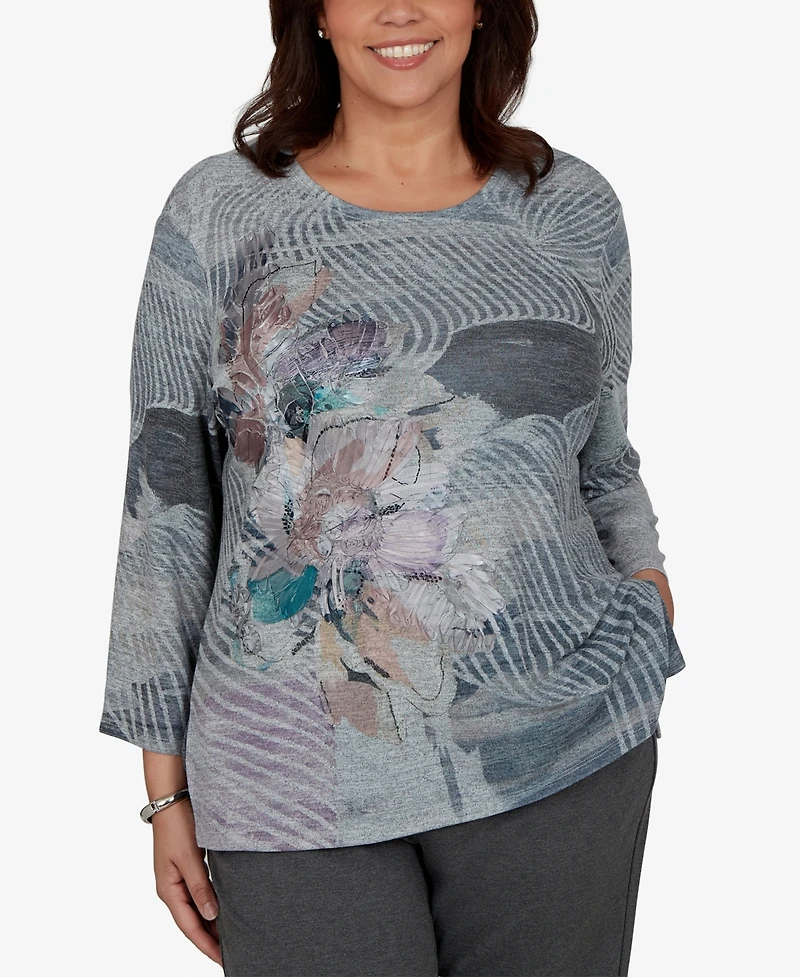 Alfred Dunner Plus Crewneck 3/4-Sleeve Floral T-Shirt