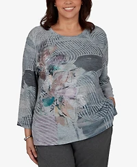 Alfred Dunner Plus Crewneck 3/4-Sleeve Floral T-Shirt
