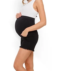 Hello Miz Maternity Over-the-Belly High-Waisted Pull-On Denim Shorts, 4-1/2" Inseam