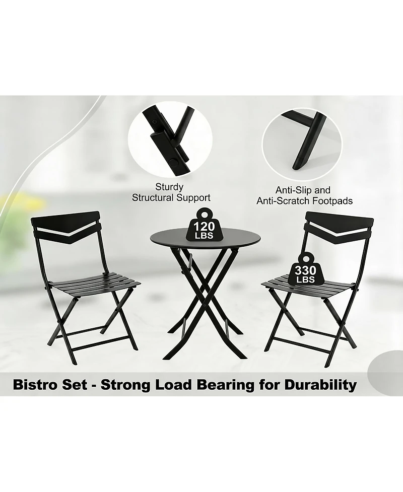 GarveeLife 3-Piece Folding Patio Bistro Set, Round Metal Table & 2 Chairs, Powder-Coated Steel, Balcony, Porch Garden