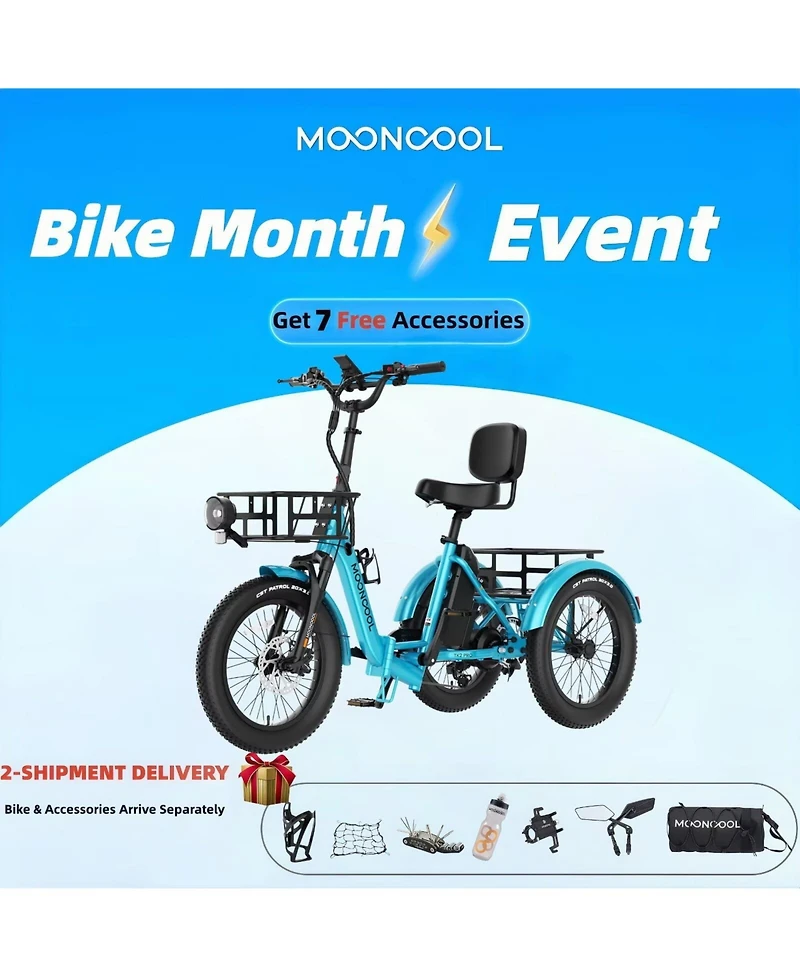 Mooncool TK2 Pro Adult Folding E-Trike with Reverse, 6-Speed, 1500W Peak, 20" Fat Tire
