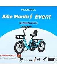 Mooncool TK2 Pro Adult Folding E-Trike with Reverse, 6-Speed, 1500W Peak, 20" Fat Tire