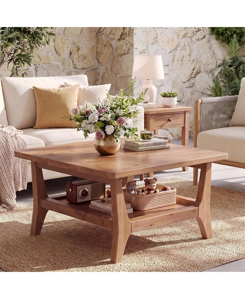 Tribesigns Solid Wood Coffee Table 2-Tier Square Center Table