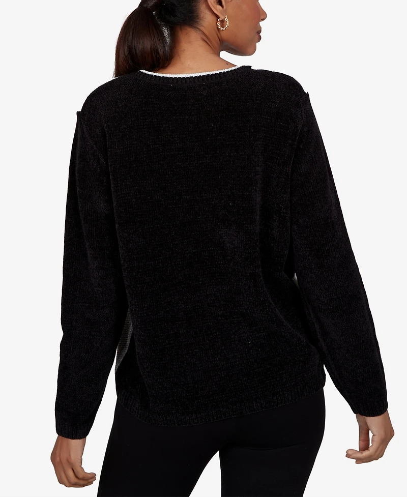 Alfred Dunner Women's Petite Colorblock Cable-Knit Long-Sleeve Crewneck Pullover