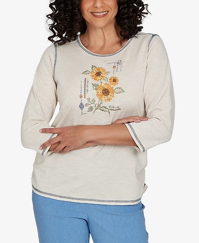 Alfred Dunner Petite Sunflower-Embroidery Crewneck 3/4-Sleeve Cotton-Blend T-Shirt