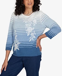 Alfred Dunner Petite Crewneck 3/4-Sleeve Stripe Sweater