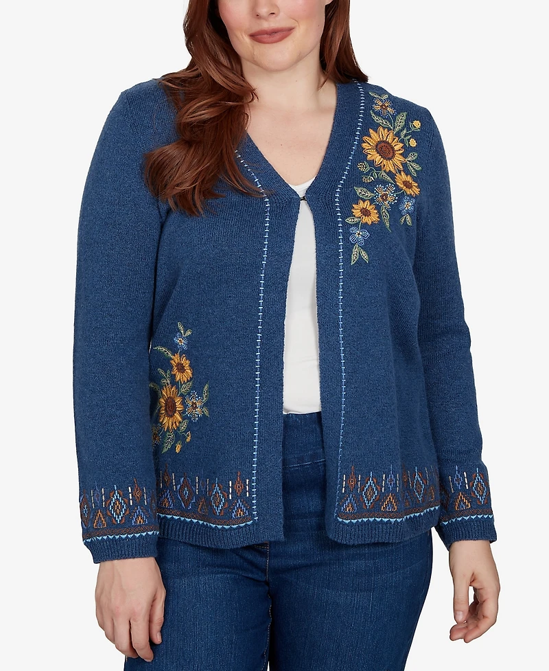 Alfred Dunner Petite V-Neck Long-Sleeve Floral Embroidery Cotton-Blend Cardigan