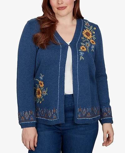 Alfred Dunner Petite V-Neck Long-Sleeve Floral Embroidery Cotton-Blend Cardigan