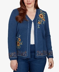 Alfred Dunner Petite V-Neck Long-Sleeve Floral Embroidery Cotton-Blend Cardigan