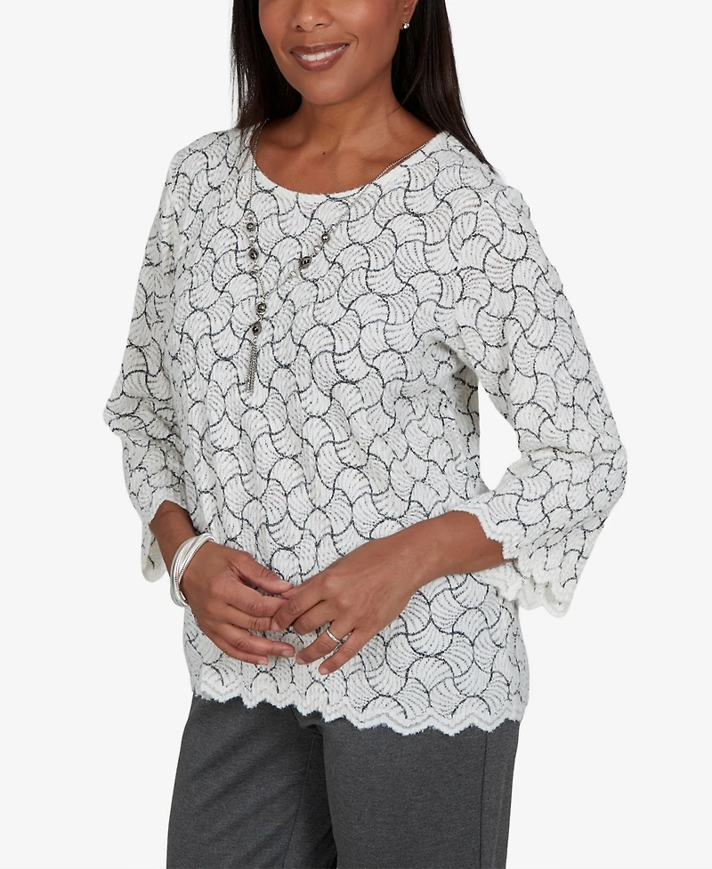 Alfred Dunner Women's Petite Crewneck 3/4-Sleeve Scalloped-Edge Pullover
