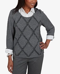 Alfred Dunner Petite Scoop Neck 3/4-Sleeve Embellished Pullover Sweater