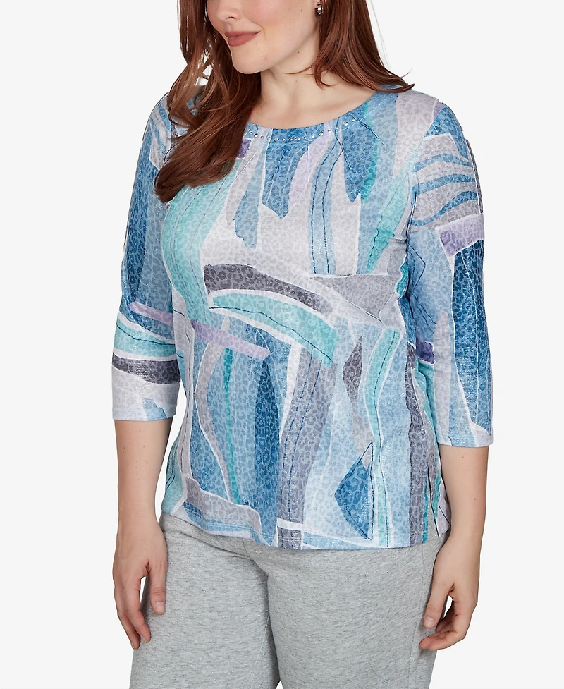Alfred Dunner Petite 3/4-Sleeve Crewneck Abstract-Print T-Shirt