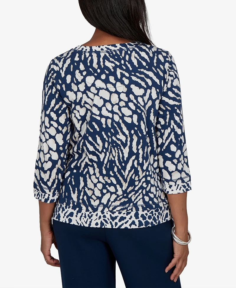 Alfred Dunner Petite Animal-Print Cotton-Blend 3/4-Sleeve T-Shirt