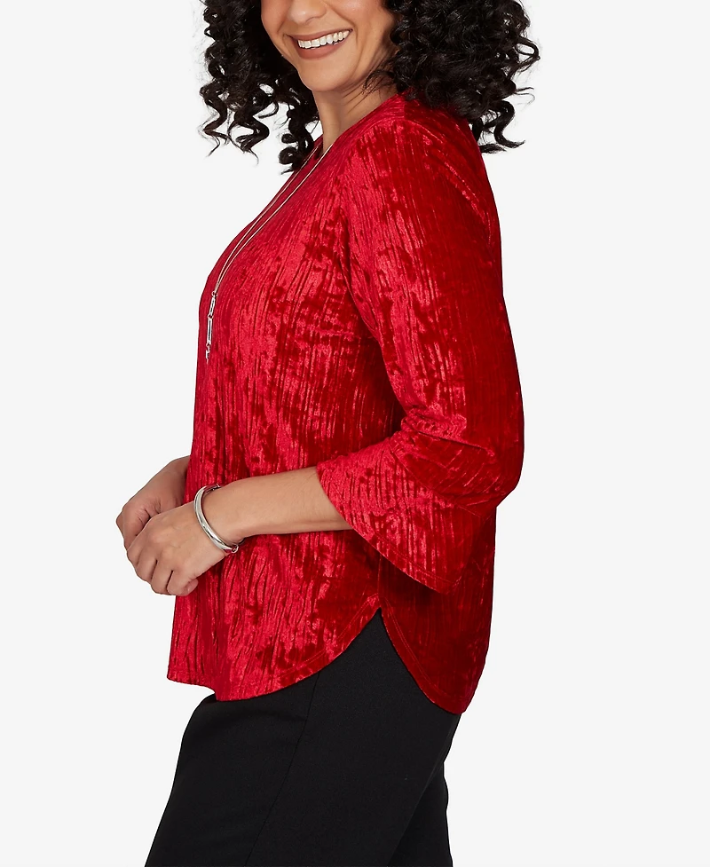 Alfred Dunner Petite Velvet Crewneck 3/4-Sleeve Blouse