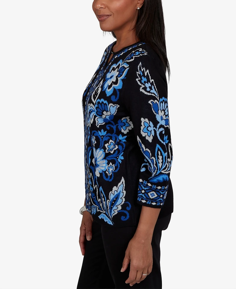 Alfred Dunner Petite 3/4-Sleeve Floral-Geometric Henley Pullover Sweater