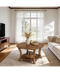 Tribesigns 31.5 Round Solid Wood Coffee Table: 2-tier storage shelf with curved legs. Farmhouse center table for living room