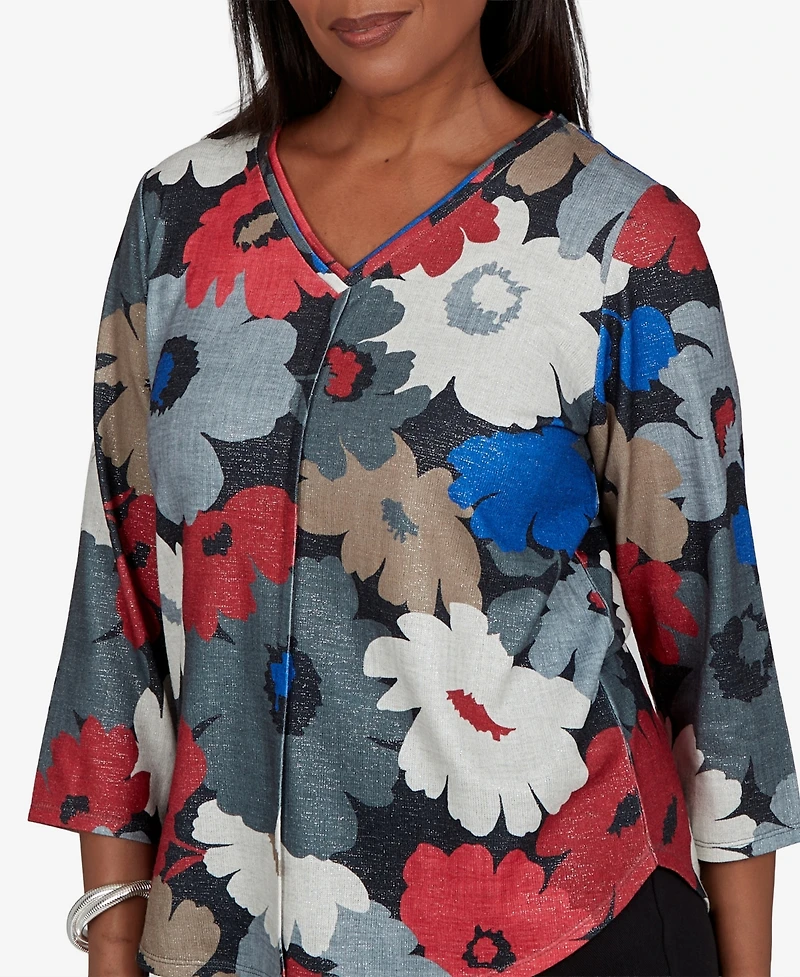 Alfred Dunner Women's Floral V-Neck 3/4-Sleeve Blouse