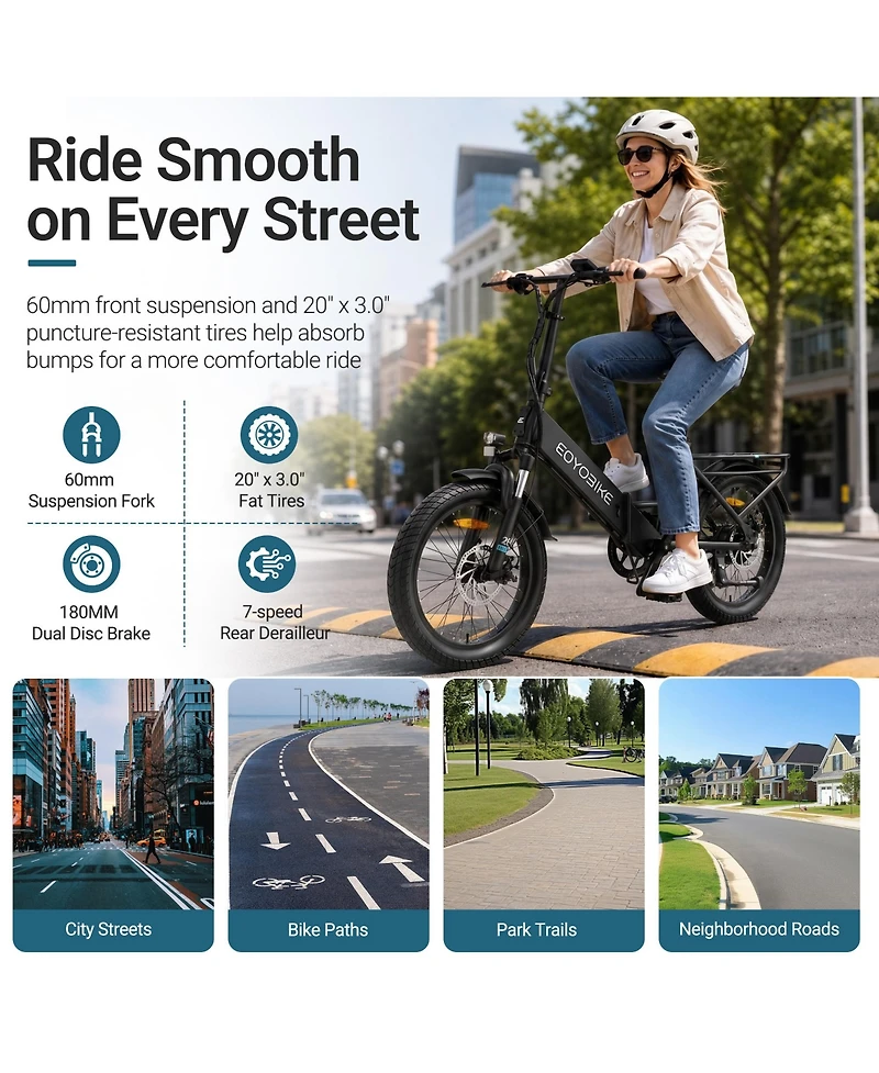 Mooncool Adults Foldable Electric Bike 20" x 3.0" Fat Tires, 7-Speed Commuter E Bike, 1200W Peak Motor Ebike