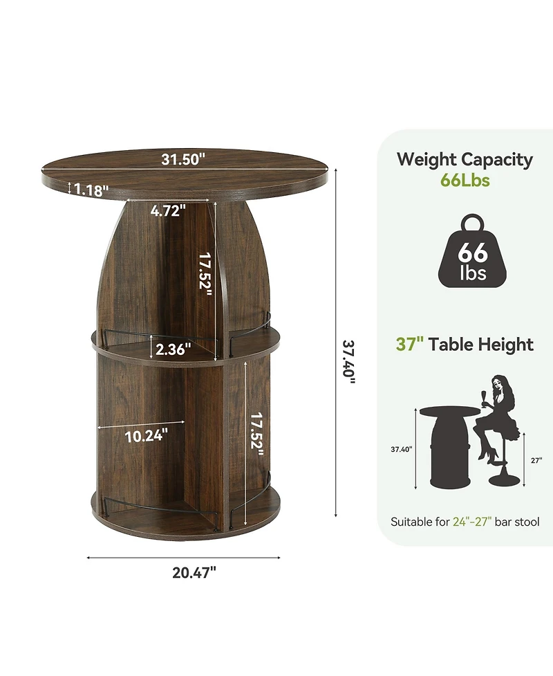 Tribesigns 3-Tier Round Bar Table, 37.4" H Rustic Bistro Pub Table