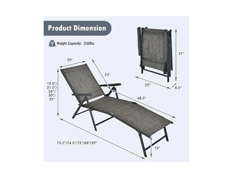 Lucky One Foldable Patio Chaise Lounge Chair with Adjustable Backrest and Footrest