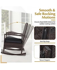 Gymax 3 Piece Patio Rocking Bistro Set 2 Rattan Armchairs with 2-Tier Tempered Glass Side Table