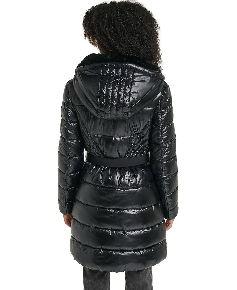 Karl Lagerfeld Paris Women's Belted Faux Fur Collar Hooded Puffer Coat