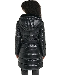 Karl Lagerfeld Paris Women's Belted Faux Fur Collar Hooded Puffer Coat