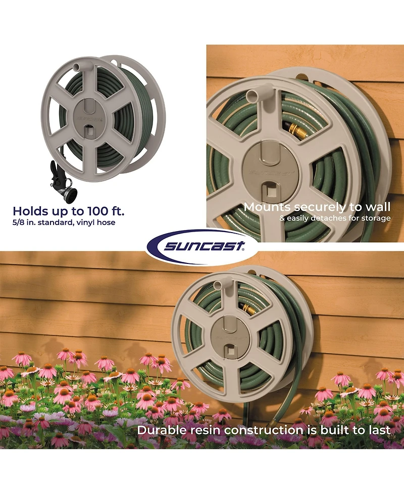 Suncast Sidewinder 100 Foot Wall Mount Garden Yard Outdoor Hose Reel, Taupe