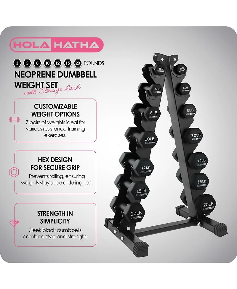 HolaHatha 146 Pound Neoprene Dumbbell Full Body Weight Set with Storage Rack