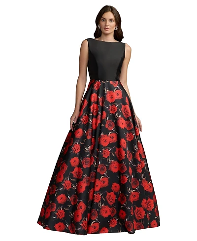Mac Duggal Women's Floral Print Mikado Bateau Ball Gown