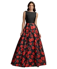 Mac Duggal Women's Floral Print Mikado Bateau Ball Gown