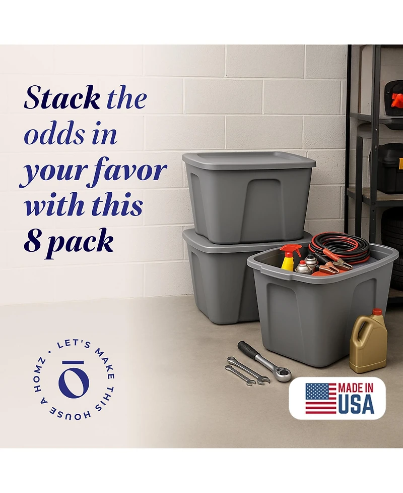 Homz 18-Gallon Stackable Plastic Storage Tote Container with Snap-On Lid, 8 Pack