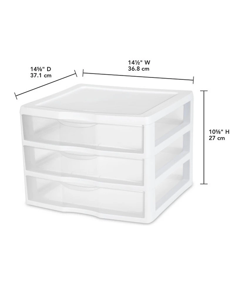 Sterilite Clear Plastic Stackable Small 3 Drawer Storage System, White, (9 Pack)