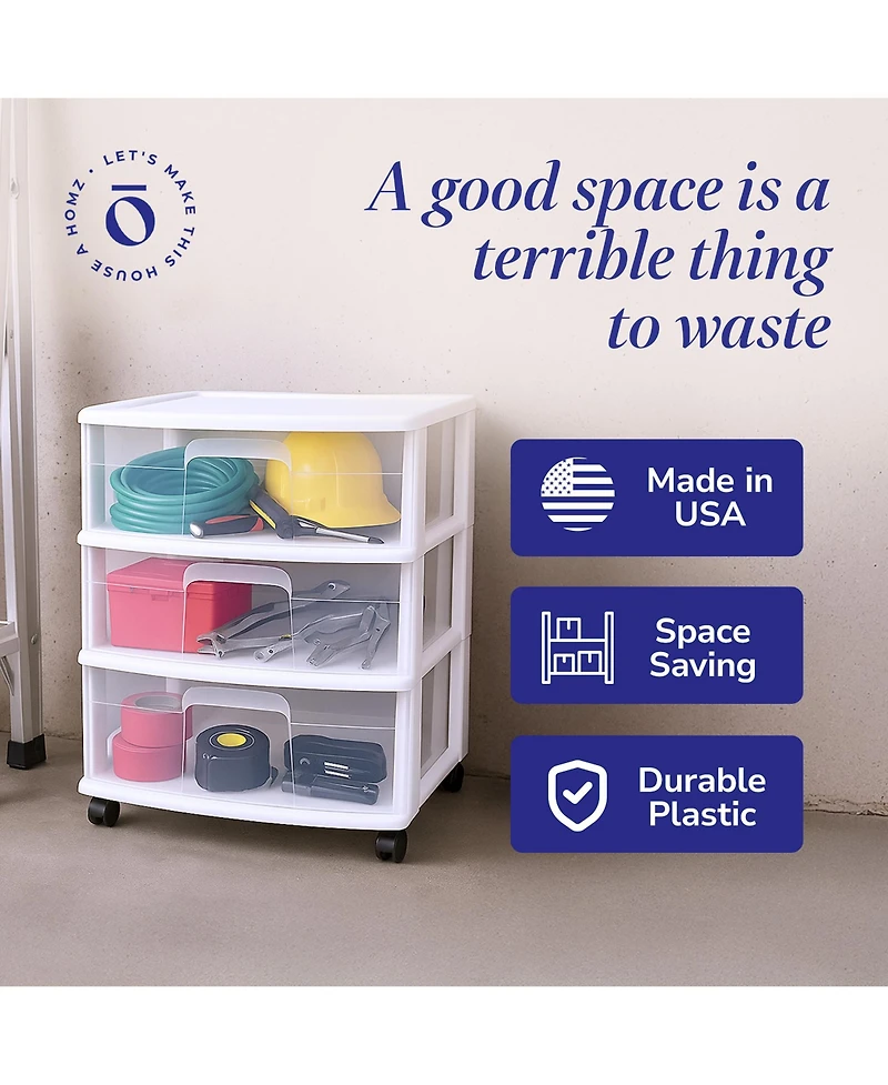 Homz Plastic 3 Clear Drawer Small Rolling Storage Container Tower, White, 2 Pack
