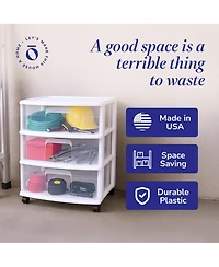 Homz Plastic 3 Clear Drawer Small Rolling Storage Container Tower, White, 2 Pack