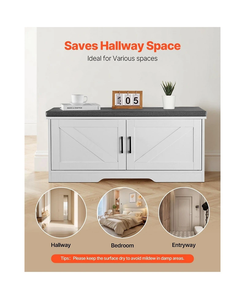 Sugift 39.4 Inch Entryway Shoe Storage Bench with Padded Seat 2 Barn Doors and Adjustable Shelf