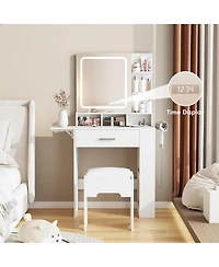 Vabches Small Vanity Desk with Lighted Mirror and Charging Station, Makeup Table with Drawer, Shelves and Stool