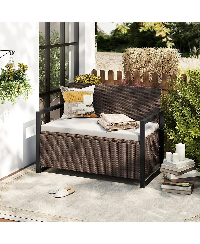 Mecale Wicker Storage Loveseat Bench with Cushion, 800-lb Weight Capacity