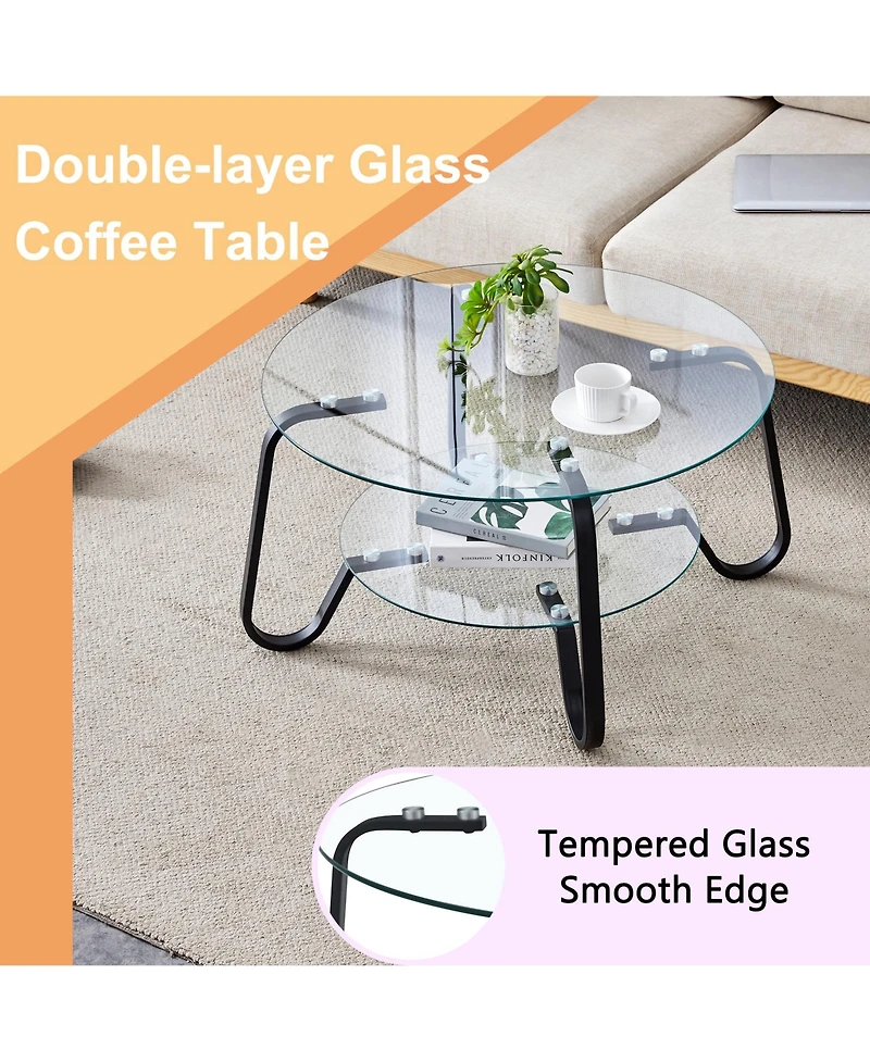 Flynama 31.5 Inch Retro Double-Layer Tempered Glass Coffee Table, Metal Frame Compact Accent Table for Home Office