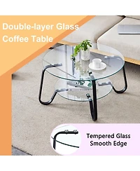 Flynama 31.5 Inch Retro Double-Layer Tempered Glass Coffee Table, Metal Frame Compact Accent Table for Home Office