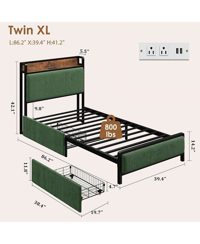 gaomon Twin-xl Size Bed Frame with 2 Drawers and Charging Station-Upholstered Headboard Bed with Led Lights, Under Bed Storage
