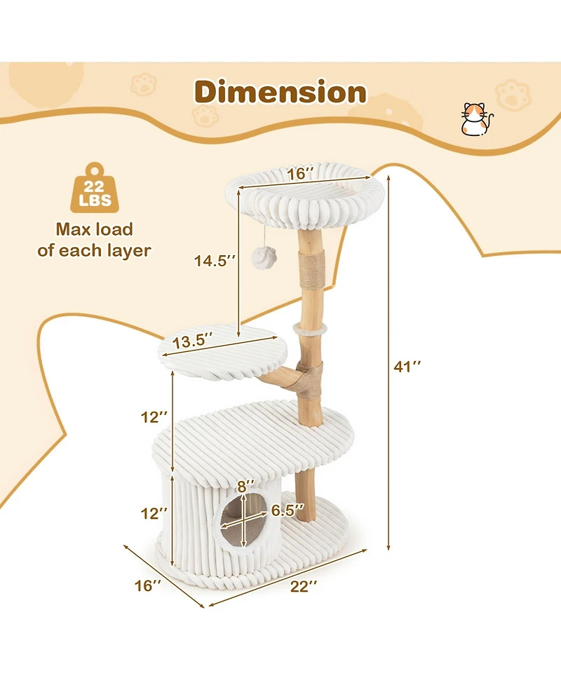 Gymax 41 Inch Tall Modern Cat Tower with Real Wood Branches Scratching Posts Cozy Bed
