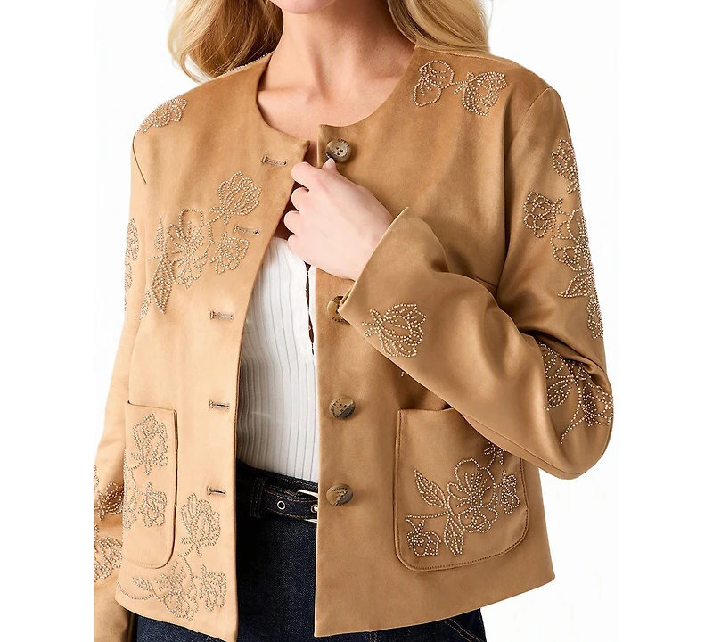 Guess Women's Oceane Faux-Suede Floral-Embroidered Jacket