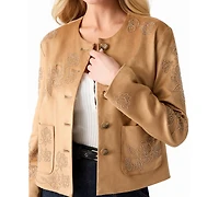Guess Women's Oceane Faux-Suede Floral-Embroidered Jacket