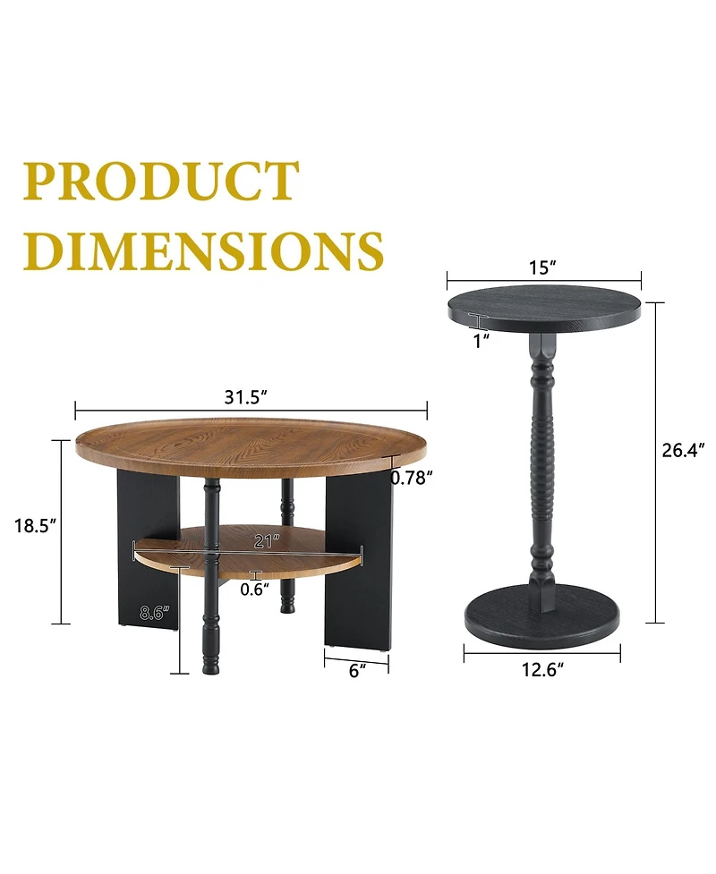 Rainsken 2-Piece Round Coffee Table and Side Table Set - 31.5" Retro Center Table with Open Storage Shelf and 15" Side Table for Living Room, Office