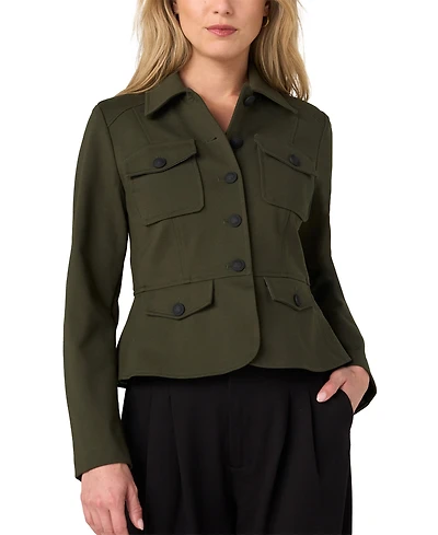 Liverpool Los Angeles Petite Peplum Button-Front Super Stretch Knit Ponte Jacket
