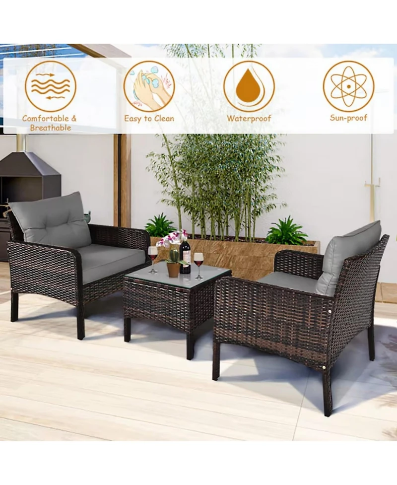 Yiortwo 3-Piece Patio Pe Wicker Furniture Set with Cushions and Glass Table