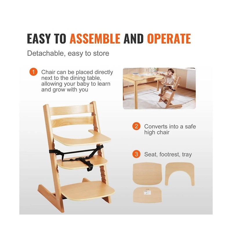 Slickblue Kids Grow With Wooden High Chair, Portable Feeding Seat with Adjustable Height and Footrest-Light Brown