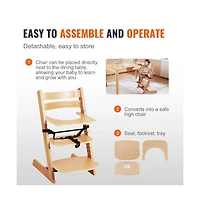 Slickblue Kids Grow With Wooden High Chair, Portable Feeding Seat with Adjustable Height and Footrest-Light Brown
